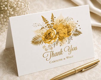 Thank You Cards, Gold Floral, 50th Anniversary