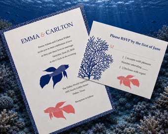 Tropical Fish Wedding Invitation, Navy &  Blush