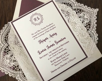 Rustic Lace Invitation, Merlot Wedding, Ivory & Merlot Invitation, Wine and Ivory, SAMPLE or DEPOSIT Listing