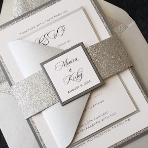 Glitter Wedding Invitation, Silver Glitter Wedding Invitation, Silver Wedding Invitation, Wedding Invitation, SAMPLE or DEPOSIT Listing image 1