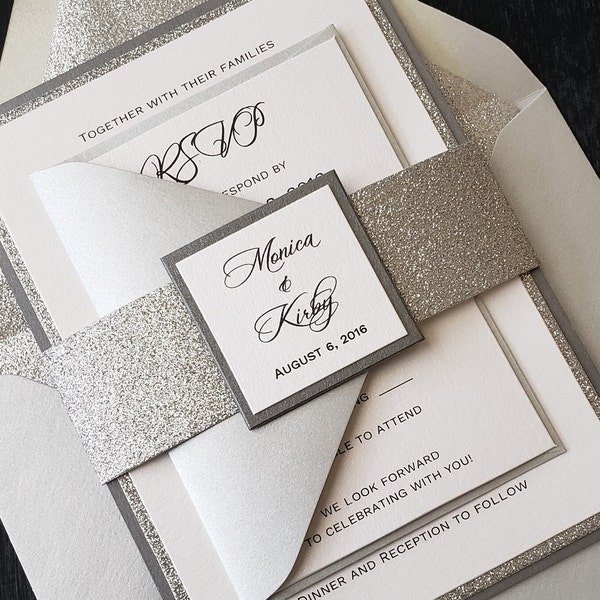 Glitter Wedding Invitation, Silver Glitter Wedding  Invitation, Silver Wedding Invitation, Wedding Invitation, SAMPLE or DEPOSIT Listing