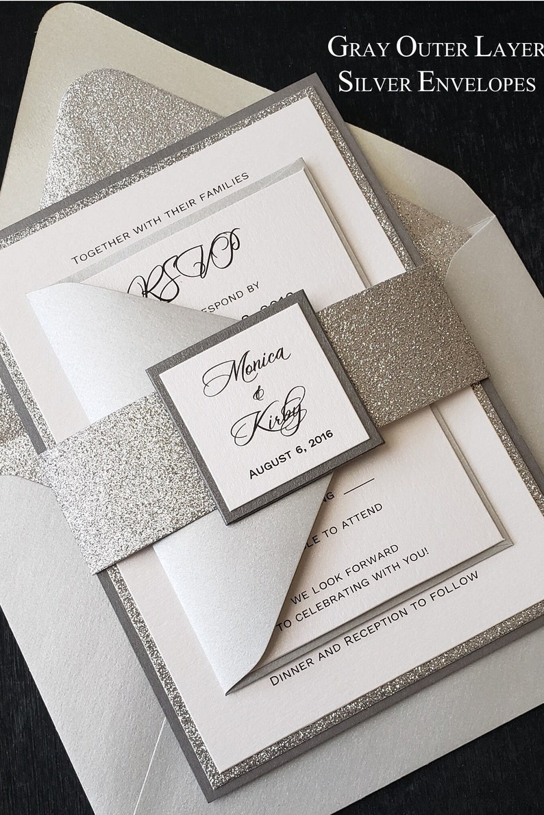 Glitter Wedding Invitation, Silver Glitter Wedding Invitation, Silver Wedding Invitation, Wedding Invitation, SAMPLE or DEPOSIT Listing image 1