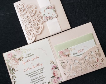 Blush and Sage Lace Wedding Invitations