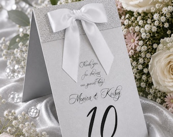 Silver Glitter Wedding Table Number Card with Satin Bow