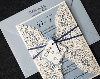 Dusty Blue Lace Wedding Invitation, Rustic Lace Wedding Invitation, Shabby Chic Invitation, SAMPLE or DEPOSIT Listing