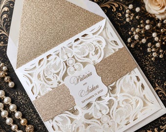 Blush and Gold Glitter Lace Wedding Invitation