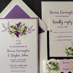 Purple Calla Lily Invitation, Glitter Wedding Invitation,  Floral  Wedding Invitation, Gold and Purple Invitation, Champagne Gold Glitter