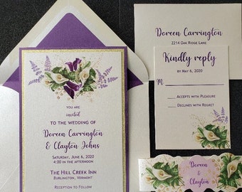 Purple Calla Lily Invitation, Glitter Wedding Invitation,  Floral  Wedding Invitation, Gold and Purple Invitation, Champagne Gold Glitter