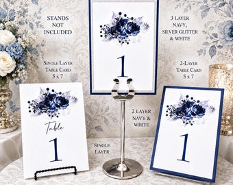 Navy Floral Wedding Table Number Card, Glitter Accent