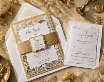 Gold Foil Peony Wedding Invitation, Embossed Victorian Style