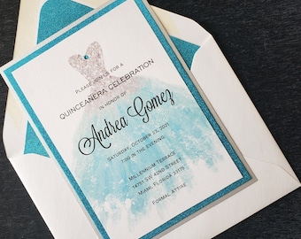 5 Shades Blue Glitter Quinceañera Invitations, Caribbean Blue, Jewel Blue, Navy Blue, Sky Blue, Teal, Mis Quince Años, FREE SHIPING USA