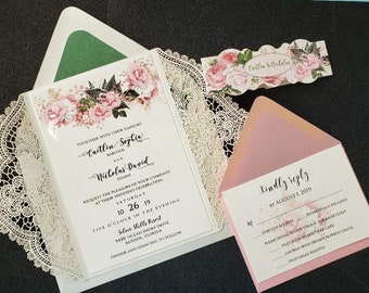 Blush & Cream Lace Floral Wedding Invitation, Floral Wedding Invitation, Garden Invitation, Blush Pink Invitation, SAMPLE or DEPOSIT Listing