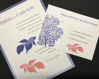 Tropical Fish Wedding Invitation, Navy &  Blush