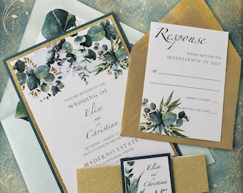 Eucalyptus and Champagne Gold Wedding Invitations