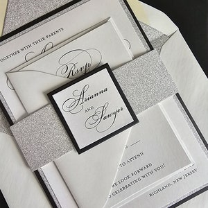 Black and White Silver Wedding Invitation, Glitter Wedding Invitation,, Silver Glitter Wedding Invitation, SAMPLE or DEPOSIT LISTING