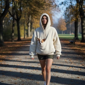 May include: An off-white, long-sleeved, hooded fleece sweatshirt featuring a large front pouch pocket. A small, brown and white dog is positioned inside the pouch, with its head visible. The sweatshirt is paired with dark olive green athletic shorts.