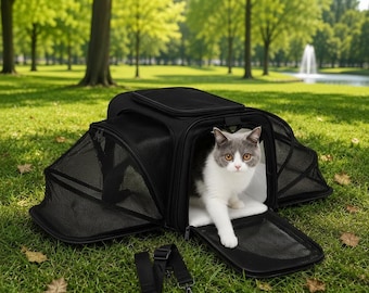 Transportín de piel para mascotas, bolsa de piel de vaca aprobada por las aerolíneas para gatos y perros pequeños, laterales de malla expandibles.