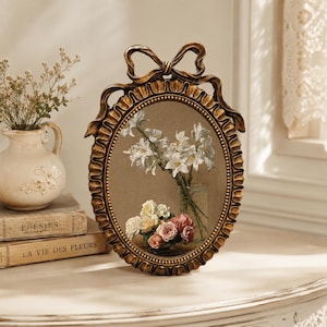 7 Inch French Vintage Bow Photo Frame, Antique Oval Resin Picture Frame, Romantic Gold Wall Decor, Elegant Tabletop Frame, Wedding Gift