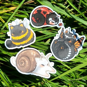 Könnte beinhalten: Eine Sammlung skurriler Aufkleber mit Tiermotiven. Enthält eine schwarze Katze mit Bienenstreifen, eine Marienkäferkatze, eine Schmetterlingskatze und eine Schnecke mit Katzengesicht. Die Aufkleber liegen auf grünem Gras.