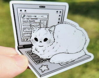 Könnte beinhalten: Ein gestanzter Aufkleber mit einer weißen Katze, die auf einer Laptop-Tastatur sitzt. Der Bildschirm zeigt eine Suchoberfläche mit dem Text FEED ME. Die Illustration ist in Schwarz-Weiß-Linien mit einem Stern auf dem Gehäuse.