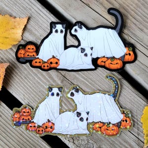 Może przedstawiać: Dwie naklejki na Halloween przedstawiające koty przebrane za duchy, otoczone pomarańczowymi dyniami. Koty mają czarne uszy i oczy, a duchy są pokryte białymi prześcieradłami. Jedna naklejka ma czarną obwódkę, druga złotą.