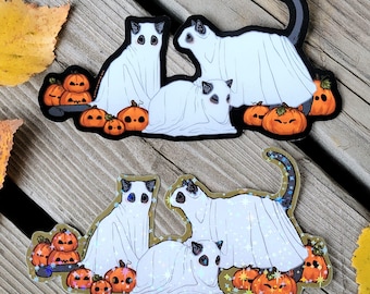 Ghost Cats Vinyl Sticker | Waterproof | UV-Resistant | Die-Cut | Halloween Stickers | Spooky-Cute Decals | Jack-o-Lanterns | Pumpkins