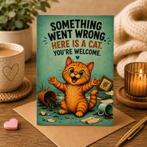 May include: A rectangular greeting card with a teal background featuring an illustration of an orange tabby cat with its arms raised. The text reads: SOMETHING WENT WRONG. HERE IS A CAT. YOU'RE WELCOME. The cat is surrounded by a tipped flower pot.