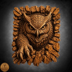 May include: A brown wooden wall plaque featuring a highly detailed relief carving of an owl emerging from a textured, bark-like frame. The owl has sharp, prominent talons extended forward, intense yellow eyes, and an open beak with visible teeth.