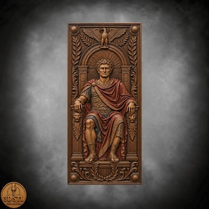 May include: A rectangular wooden wall plaque featuring a high-relief carving of a Roman emperor seated on a throne. The figure wears a toga and armor, flanked by lion heads. Above, an eagle sits beneath an arch, with laurel branches on sides.