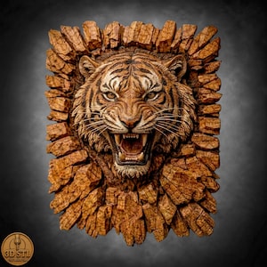 May include: A rectangular wall plaque featuring a highly detailed, three-dimensional wood-carved tiger head with an open mouth and bared teeth, surrounded by a textured, jagged border resembling rough-hewn bark or splintered wood.