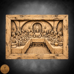 The Last Supper Rustic Frame Bas Relief | 3D Wood Carving STL CNC Router Files | Laser Engraving Grayscale PNG File