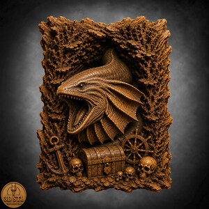 May include: A brown, rectangular relief carving featuring a sea creature with an open mouth and flared gills emerging from a textured coral-like background. Below the creature are a treasure chest, a ship anchor, a ship wheel, and human skulls.