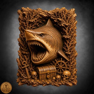 May include: A rectangular brown wood-toned relief carving featuring a shark with an open mouth displaying sharp teeth. The scene includes a treasure chest, a ship's wheel, an anchor, and skulls set against a textured, coral-like background.