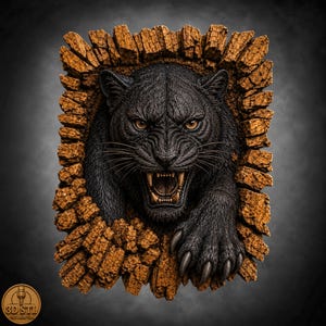 May include: A 3D relief wall art piece featuring a snarling black panther emerging from a textured, jagged wooden frame. The panther has piercing amber eyes, sharp teeth, and visible claws, set against a dark background with the text 3D STL.