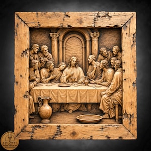 The Last Supper No6 Bas Relief | 3D Wood Carving STL CNC Router Files | Laser Engraving Grayscale PNG File