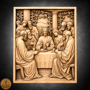 The Last Supper 3 Simple Frame Bas Relief | 3D Wood Carving STL CNC Router Files | Laser Engraving Grayscale PNG File