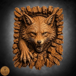 Fox Head Emerge From Rock Wall Bas Relief | 3D Wood Carving STL CNC Router Files | Laser Engraving Grayscale Depth Map PNG Files