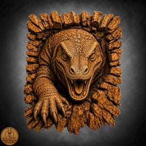 May include: A brown, textured wood-carved relief featuring a Komodo dragon emerging from a jagged, broken wooden frame. The lizard has a scaly hide, sharp claws, and an open mouth with visible teeth. A small circular logo reads 3D STL.