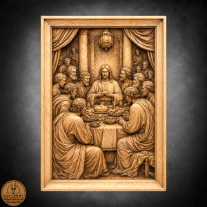The Last Supper No2 Simple Frame Bas Relief | 3D Wood Carving STL CNC Router Files | Laser Engraving Grayscale PNG File