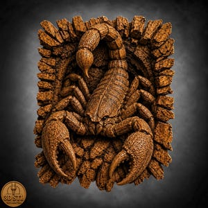 May include: A brown, textured relief carving of a scorpion with a raised tail and large pincers, set against a jagged, bark-like background. The piece features intricate detailing on the exoskeleton and includes a small 3D STL logo in the corner.