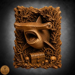 May include: A brown, rectangular relief carving featuring a hammerhead shark with an open mouth, surrounded by textured coral. Below the shark are a treasure chest, a ship's wheel, an anchor, and three skulls resting on a pile of gold coins.