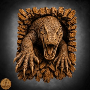 Lizard Head Emerge Emerges From Rock Wall Bas Relief | 3D Wood Carving STL CNC Router Files | Laser Engraving Grayscale Depth Map PNG Files