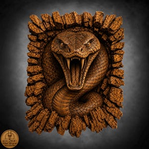 May include: A brown, rectangular wood-carved relief featuring a coiled snake with its mouth wide open, revealing sharp fangs. The snake is surrounded by a textured, bark-like border. A small circular logo with the text 3D STL is in the corner.
