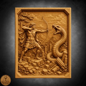May include: A rectangular wooden relief carving featuring a muscular archer in a tunic and cape aiming a bow at a large, coiled snake with an open mouth. The scene includes ancient stone ruins, scattered blocks, and trees in a detailed landscape.
