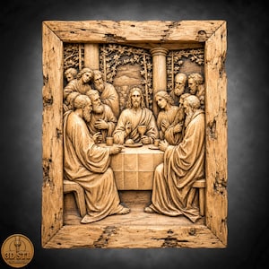 The Last Supper 3 Rustic Frame Relief | 3D Wood Carving STL CNC Router Files | Laser Engraving Grayscale PNG File