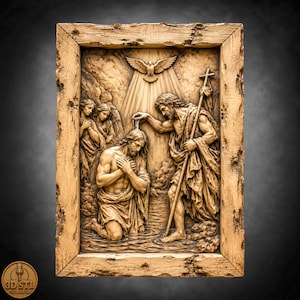 May include: A rectangular wooden wall plaque featuring a detailed relief carving of the baptism of Jesus. The scene depicts a figure pouring water over another, with a dove above and two angels to the side, all enclosed in a rustic frame.