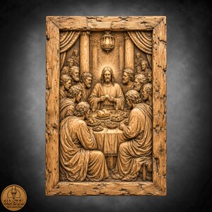 The Last Supper No2 Rustic Frame  Bas Relief | 3D Wood Carving STL CNC Router Files | Laser Engraving Grayscale PNG File