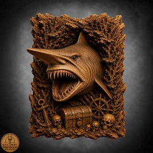 May include: A brown, rectangular relief carving featuring a shark head with an open mouth and sharp teeth emerging from a textured background. Below the shark are a treasure chest, a ship wheel, an anchor, and several human skulls.