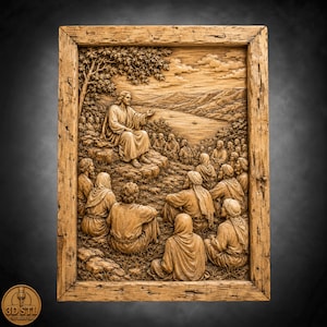 May include: A rectangular wooden wall plaque featuring a detailed relief carving of a figure seated on a rock, gesturing toward a gathered crowd of people. The scene includes a tree, a lake, and mountains in the background, all encased in a rustic frame.