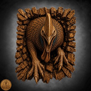 May include: A brown, textured wood-carved relief of a cassowary emerging from a cracked, bark-like surface. The bird features a prominent casque, sharp talons, and a detailed feathered body. The text 3D STL is visible in the bottom left corner.
